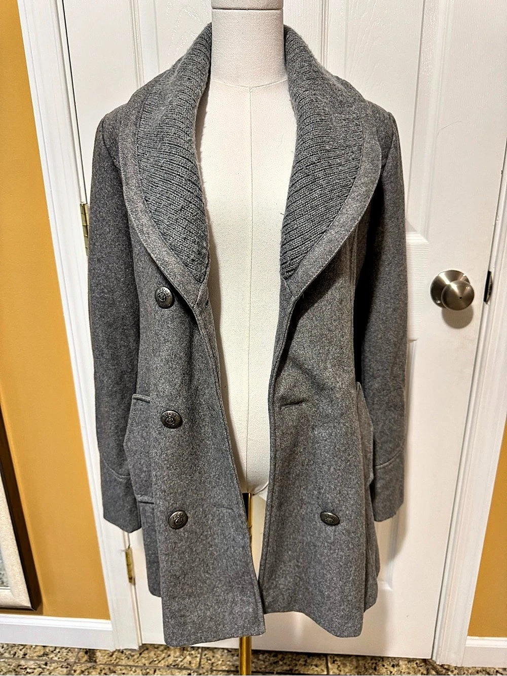 GUESS Charcoal Wool Double Breasted Peacoat Ribbed Shawl Collar Medium